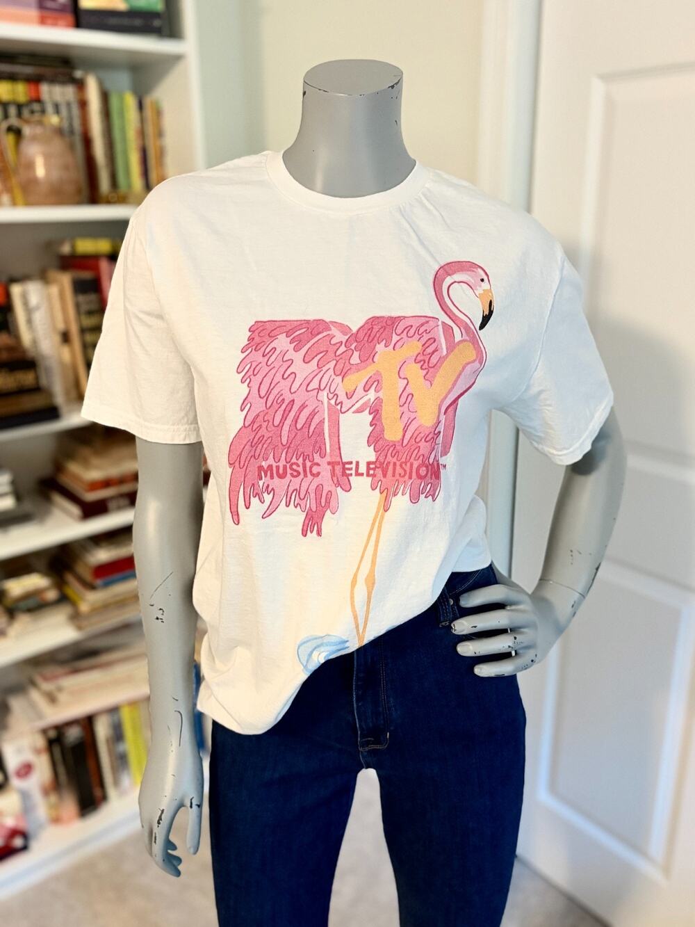 MTV T Shirt Flamingo Graphic White Cotton Medium Retro 80s Music Television Tee